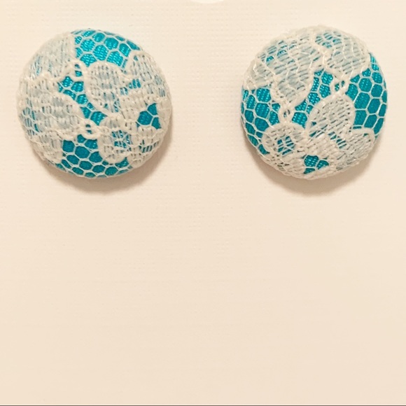 Blue/Lace Button Fabric Covered Earrings - Picture 2 of 8